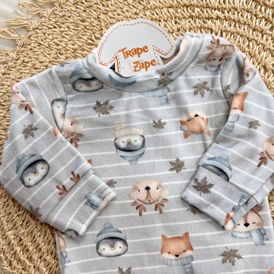 Conj. Body Manga Longa de Plush e Calça Peluciada Bichinhos do Inverno - Cinza 